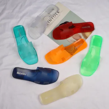 2022 Verano de las Mujeres de Color Caramelo Transparente Diapositivas de Fondo Plano Más el Tamaño de Sandalias de Playa Zapatos para Damas Casual de Una palabra Jelly Zapatillas