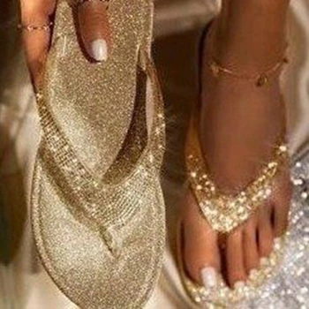 2023 Mujeres Flip Flop Zapatillas De Diapositivas Bling Rhinestone Señoras Zapatos Casual De Verano Plana Mujeres De Cristal De Brillo De La Mujer Más El Tamaño De 43