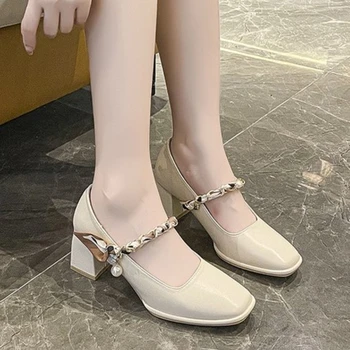 2023 Nuevo Diseñador Zapatos de Mujer de Verano coreano de la Moda de pies Cuadrados de las Mujeres de las Bombas de Alta Calidad de Albaricoque zapatos de Tacón Alto Elegantes Zapatos