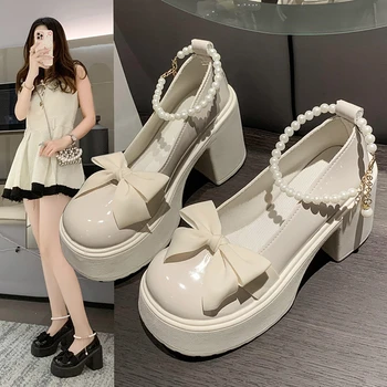 2023 Zapatos de Mujer de Moda Mary Jane Ronda Diadema de Zapatos Bowknot de la Perla de la Plaza del Talón parte Superior Baja zapatos de Tacón Alto Zapatos de las Mujeres para las Mujeres