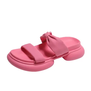 Arco Suave De La Pu De Cuero De Color Rosa Dedo Del Pie Abierto Zapatillas De Mujer Sandalias De Playa Para El Verano