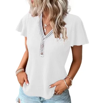 Europeos y Americanos de la Moda Temperamento Casual de las Mujeres 2023 Verano de Nuevo Empalmado Botón de Color Sólido V-cuello de Manga Corta T-shirt