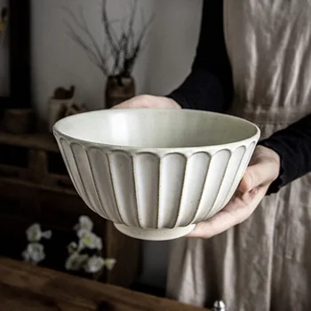 FANCITY de 7 pulgadas tazón de sopa retro alivio recipiente hondo plato de ramen hogar tazón de cerámica de gran tazón de fideos vajilla de gres