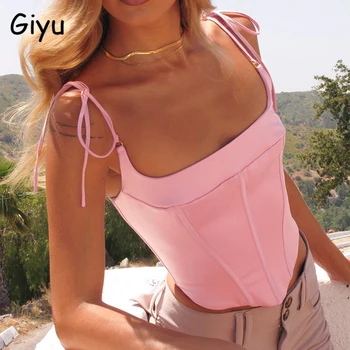 Giyu Sexy Corsé De Raso Crop Tops De Las Mujeres Camis De Verano Tirantes De Encaje Sin Espalda De Color Rosa Camisola Elegantes Blusas Femininas