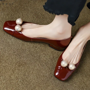 Hembra De Perlas De La Boda Zapatos De Primavera Otoño Elegante Color Sólido De Cabeza Cuadrada Pisos De Poca Profundidad De La Boca Mocasines Zapatos Para Mujer