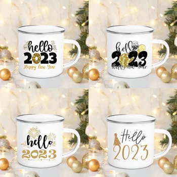 Hola 2023 Impresión de Tazas, Tazas de Café, Feliz Año Nuevo de Parte de Vino Jugo de Taza de Postre de Cacao Mango de Esmalte de la Copa de Regalos para los Amigos de la Familia