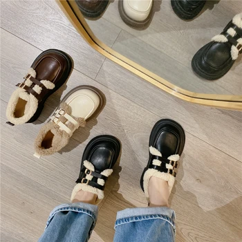 la moda de Estilo Británico Pequeños Zapatos de Cuero Mujer los Estudiantes Japoneses de la Vendimia de la Felpa de Algodón Caliente Zapatos otoño Invierno 2023 mocasines