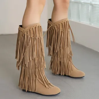 Las mujeres de la Franja de Botas de 2023 Invierno Nuevo Occidental Botas de Puntera Redonda Pisos de Gamuza Sólido Fresco Interna de Elevación Botas de Vestir con Zapatos de Diario