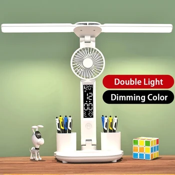 Lámpara de Mesa LED Recargable de Doble cabezal de Iluminación con Ventilador Sostenedor de la Pluma de la Pantalla Digital Continuo de Atenuación Ojo Protección Escritorio Lámpara