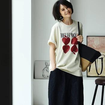 MICOCO T8021C Literaria de lujo de lujo de lujo hilo carta de amor de impresión suelta de cuello redondo de manga corta T-shirt