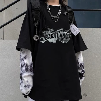 Nuevo Otoño Goth Mujeres Camiseta del y2k Streetwear Falso de Dos piezas de Empate Teñido de Camisetas de Manga blusas Femenino de la Llama de Impresión de Algodón Tops Mujer
