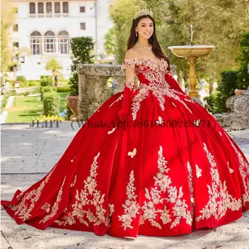 Rojo 3D Mariposa Princesa Vestidos de Quinceañera Vestido de Bola Del Hombro Apliques de Oro Corsé de Dulce el 15 de Vestidos De XV Años