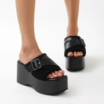 Sexy zapatos de Tacón Alto Gótico Cómodo Caminar Cuñas Gruesas Sandalias Muffin de pies Cuadrados de Tacón Alto Esponjoso Flip-flops Mujer Zapatilla de Plataforma