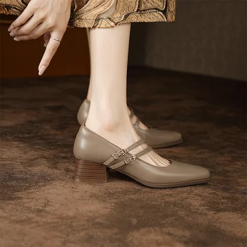 Suave tacón grueso de todo lo que Mary Jane único zapato de mujer de diseño de sentido nicho vintage de piel de oveja francés de hadas talones