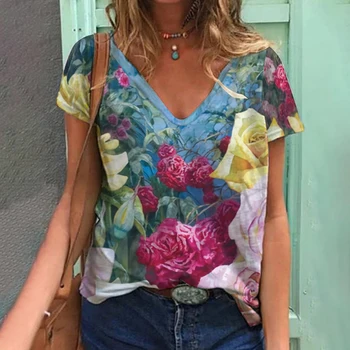 T-shirt manches courtes femme, estival et décontracté, à la mode, avec imprimé fleur et papillon, graphique des années 90