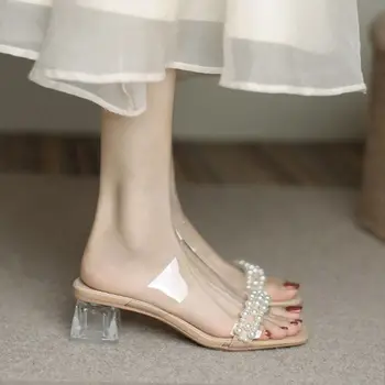 Zapatillas Casual Cuadrado tacón de Mujer Zapatos de Diapositivas Transparente Talón Jelly Chanclas Med Suave de Lujo Bloque de 2023 Brillo de Goma de la PU de la F